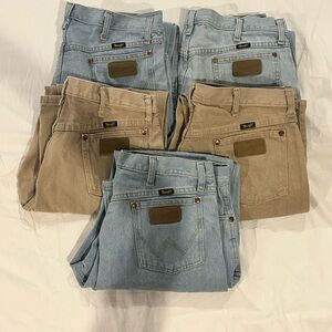 Lot of 5 wranglers cowboy cut original jeans 36x30 in bleach & prewashed tan